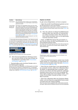 Page 3333
Das Projekt-Fenster
Verwenden Sie die Kicker-Schalter in der Werkzeugzeile.
So können Sie die ausgewählten Events nach links oder rechts verschie-
ben. Der Wert, um den das Event verschoben wird, hängt dabei vom aus-
gewählten Anzeigeformat ab (siehe »Der Projekteinstellungen-Dialog« auf 
Seite 23) und von dem Wert, den Sie im Raster-Menü eingestellt haben.
Das Event wird um 2 Frames nach rechts verschoben.
ÖStandardmäßig werden die Kicker-Schalter nicht in 
der Werkzeugzeile angezeigt. 
Klicken Sie...