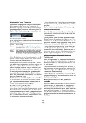 Page 328328
Video
Wiedergeben einer Videodatei
Videodateien werden auf der Videospur als Events bzw. 
Clips dargestellt. Die Frames des Films werden als 
Thumbnails angezeigt (wenn im Programmeinstellungen-
Dialog auf der Event-Darstellung-Seite unter »Video« die 
Option »Video-Thumbnails anzeigen« eingeschaltet ist).
Ein Video-Event auf einer Videospur
In der Spurliste und im Inspector finden Sie die folgenden 
Schalter für Videospuren:
Wenn Sie das Video auf dem Computerbildschirm (im Ge-
gensatz zu einem...