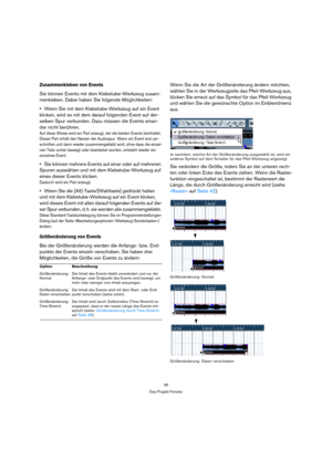 Page 3535
Das Projekt-Fenster
Zusammenkleben von Events
Sie können Events mit dem Klebetube-Werkzeug zusam-
menkleben. Dabei haben Sie folgende Möglichkeiten:
Wenn Sie mit dem Klebetube-Werkzeug auf ein Event 
klicken, wird es mit dem darauf folgenden Event auf der-
selben Spur verbunden. Dazu müssen die Events einan-
der nicht berühren. 
Auf diese Weise wird ein Part erzeugt, der die beiden Events beinhaltet. 
Dieser Part erhält den Namen der Audiospur. Wenn ein Event erst zer-
schnitten und dann wieder...