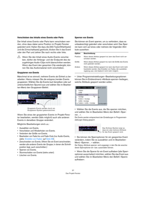 Page 3737
Das Projekt-Fenster
Verschieben des Inhalts eines Events oder Parts
Der Inhalt eines Events oder Parts kann verschoben wer-
den, ohne dass dabei seine Position im Projekt-Fenster 
geändert wird. Halten Sie dazu die [Alt]-Taste/[Wahltaste] 
und die [Umschalttaste] gedrückt, klicken Sie in das Event 
oder den Part und ziehen Sie nach rechts oder links.
Gruppieren von Events
Manchmal ist es sinnvoll, mehrere Events als Einheit zu be-
arbeiten. Hierzu müssen Sie die entsprec,henden Events 
gruppieren:...