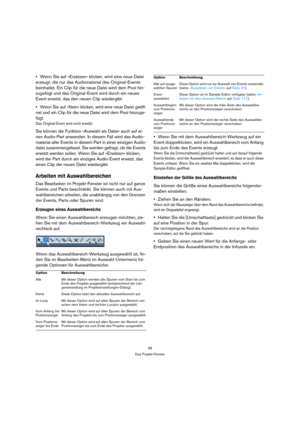 Page 3939
Das Projekt-Fenster
Wenn Sie auf »Ersetzen« klicken, wird eine neue Datei 
erzeugt, die nur das Audiomaterial des Original-Events 
beinhaltet. Ein Clip für die neue Datei wird dem Pool hin-
zugefügt und das Original-Event wird durch ein neues 
Event ersetzt, das den neuen Clip wiedergibt.
Wenn Sie auf »Nein« klicken, wird eine neue Datei geöff-
net und ein Clip für die neue Datei wird dem Pool hinzuge-
fügt.
Das Original-Event wird nicht ersetzt.
Sie können die Funktion »Auswahl als Datei« auch auf...