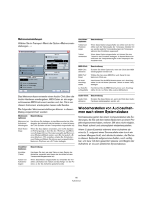 Page 6565
Aufnehmen
Metronomeinstellungen
Wählen Sie im Transport-Menü die Option »Metronomein-
stellungen…«.
Das Metronom kann entweder einen Audio-Click über die 
Audio-Hardware wiedergeben, MIDI-Daten an ein ange-
schlossenes MIDI-Instrument senden und den Click von 
diesem Instrument wiedergeben lassen oder beides.
Die folgenden Metronomeinstellungen können in diesem 
Dialog vorgenommen werden:
Wiederherstellen von Audioaufnah-
men nach einem Systemabsturz
Normalerweise gehen bei einem Computerabsturz alle...