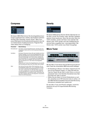 Page 3434
MIDI-Effekte
Compress
Mit diesem MIDI-Effekt können Sie Anschlagstärkeschwan-
kungen ausgleichen bzw. erhöhen. Das Ergebnis ist ähnlich 
wie beim Spur-Parameter »Anschl. Komp.«. Beim Com-
press-Effekt gleicht die Schalterdarstellung jedoch eher der 
von herkömmlichen Audiokompressoren. Folgende Para-
meter stehen Ihnen zur Verfügung:
Density
Mit diesem Effekt können Sie die »Dichte« (Density) der von 
der (bzw. mit der Thru-Funktion »über« die) Spur wiederge-
gebenen Noten bestimmen. Wenn Sie hier...