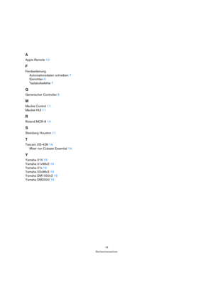 Page 1818
Stichwortverzeichnis
A
Apple Remote 10
F
Fernbedienung
Automationsdaten schreiben 7
Einrichten 6
Tastaturbefehle 7
G
Generischer Controller 8
M
Mackie Control 11
Mackie HUI 11
R
Roland MCR-8 14
S
Steinberg Houston 11
T
Tascam US-428 14
Mixer von Cubase Essential 14
Y
Yamaha 01V 15
Yamaha 01v96v2 16
Yamaha 01x 16
Yamaha 02v96v2 16
Yamaha DM1000v2 16
Yamaha DM2000 16 