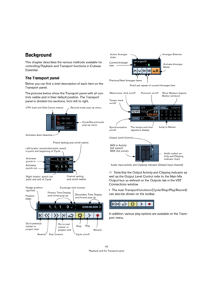 Page 4242
Playback and the Transport panel
Background
This chapter describes the various methods available for 
controlling Playback and Transport functions in Cubase 
Essential.
The Transport panel
Below you can find a brief description of each item on the 
Transport panel.
The pictures below show the Transport panel with all con-
trols visible and in their default position. The Transport 
panel is divided into sections, from left to right.
ÖNote that the Output Activity and Clipping indicator as 
well as the...