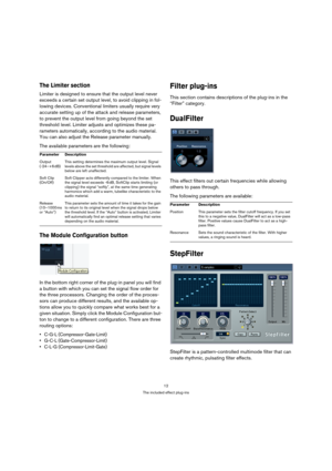 Page 1212
The included effect plug-ins
The Limiter section
Limiter is designed to ensure that the output level never 
exceeds a certain set output level, to avoid clipping in fol-
lowing devices. Conventional limiters usually require very 
accurate setting up of the attack and release parameters, 
to prevent the output level from going beyond the set 
threshold level. Limiter adjusts and optimizes these pa-
rameters automatically, according to the audio material. 
You can also adjust the Release parameter...