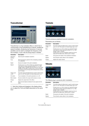 Page 1919
The included effect plug-ins
Tranceformer
Tranceformer is a ring modulator effect, in which the in-
coming audio is ring modulated by an internal, variable fre-
quency oscillator, producing new harmonics. A second 
oscillator can be used to modulate the frequency of the 
first oscillator, in sync with the Song tempo if needed.
ÖNote that clicking and dragging in the display allows 
you to adjust the Tone and Depth parameters at the same 
time!
Tremolo
Tremolo produces amplitude (volume) modulation....