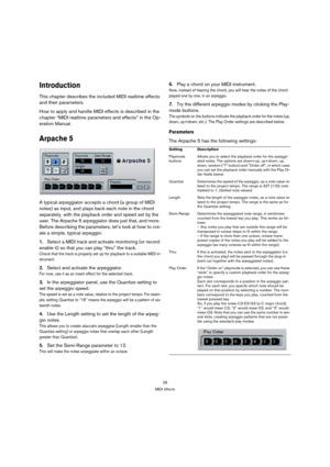 Page 2828
MIDI effects
Introduction
This chapter describes the included MIDI realtime effects 
and their parameters.
How to apply and handle MIDI effects is described in the 
chapter “MIDI realtime parameters and effects” in the Op-
eration Manual.
Arpache 5
A typical arpeggiator accepts a chord (a group of MIDI 
notes) as input, and plays back each note in the chord 
separately, with the playback order and speed set by the 
user. The Arpache 5 arpeggiator does just that, and more. 
Before describing the...