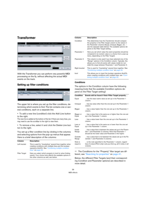 Page 3939
MIDI effects
Transformer
With the Transformer you can perform very powerful MIDI 
processing on the fly, without affecting the actual MIDI 
events on the track.
Setting up filter conditions
The upper list is where you set up the filter conditions, de-
termining which events to find. The list contains one or sev-
eral conditions, each on a separate line.
To add a new line (condition) click the Add Line button 
to the right.
The new line is added at the bottom of the list. If there are many lines, you...