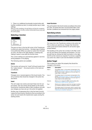Page 4343
MIDI effects
ÖThere is no additional functionality involved when edit-
ing filter conditions as text; it is simply another way to make 
settings. 
When you enter something in the text field you will see the correspond-
ing settings appear in the filter condition list (provided that you have used 
the correct syntax).
Selecting a function
The pop-up menu in the top left corner of the Transformer 
is where you select the function – the basic type of editing 
to be performed. When you select an option...