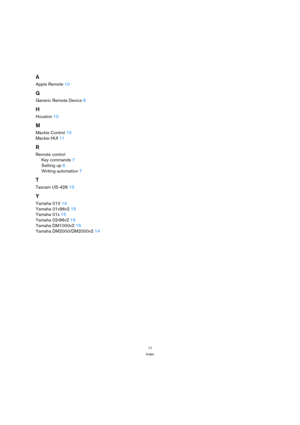 Page 1717
Index
A
Apple Remote 10
G
Generic Remote Device 8
H
Houston 10
M
Mackie Control 10
Mackie HUI 11
R
Remote control
Key commands 7
Setting up 6
Writing automation 7
T
Tascam US-428 13
Y
Yamaha 01V 14
Yamaha 01v96v2 15
Yamaha 01x 15
Yamaha 02r96v2 15
Yamaha DM1000v2 15
Yamaha DM2000/DM2000v2 14 
