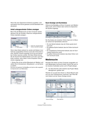 Page 136136
Lehrgang 6: Medienverwaltung
Wenn Sie einen Speicherort (Ordner) auswählen, wird 
automatisch eine Suche gestartet und die Datenbank wird 
aktualisiert.
Inhalt untergeordneter Ordner anzeigen
Bevor Sie die Mediensuche auf dem Computer starten, 
aktivieren Sie den Schalter »Inhalt der untergeordneten 
Ordner ebenfalls anzeigen«.
Wenn diese Option aktiviert ist, werden alle Dateien inner-
halb des ausgewählten Ordners sowie aller Unterordner in 
einer »flachen« Ansicht angezeigt, als ob sie aus...