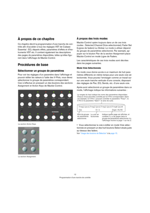 Page 1212
Programmation d’une tranche de contrôle
À propos de ce chapitre
Ce chapitre décrit la programmation d’une tranche de con-
trôle afin d’accéder à tous les réglages VST de Cubase 
Essential : EQ, départs effets, paramètres d’effets et d’Ins-
truments VST etc. Il contient également les descriptions 
des pages de paramètres disponibles, telles qu’elles figu-
rent dans l’affichage de Mackie Control.
Procédures de base
Sélectionner un groupe de paramètres
Pour voir les réglages d’un paramètre dans...