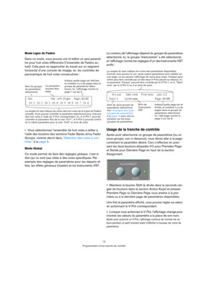 Page 1313
Programmation d’une tranche de contrôle
Mode Ligne de Faders 
Dans ce mode, vous pouvez voir et éditer un seul paramè-
tre pour huit voies différentes (l’ensemble de Faders ac-
tuel). Cela peut se rapprocher du travail sur un segment 
horizontal d’une console de mixage, ex. les contrôles de 
panoramique de huit voies consécutives :
Vous sélectionnez l’ensemble de huit voies à éditer à 
l’aide des boutons des sections Fader Banks et/ou Fader 
Groups, comme décrit dans “Sélection des voies à con-...