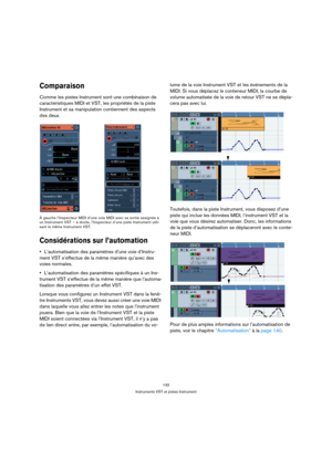 Page 132132
Instruments VST et pistes Instrument
Comparaison
Comme les pistes Instrument sont une combinaison de 
caractéristiques MIDI et VST, les propriétés de la piste 
Instrument et sa manipulation contiennent des aspects 
des deux. 
À gauche l’Inspecteur MIDI d’une voie MIDI avec sa sortie assignée à 
un Instrument VST – à droite, l’Inspecteur d’une piste Instrument utili-
sant le même Instrument VST.
Considérations sur l’automation
L’automatisation des paramètres d’une voie d’Instru-
ment VST s’effectue de...