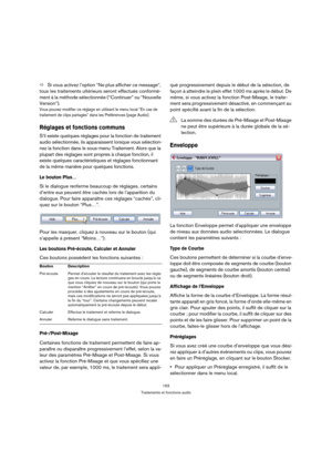 Page 153153
Traitements et fonctions audio
ÖSi vous activez l’option “Ne plus afficher ce message“, 
tous les traitements ultérieurs seront effectués conformé-
ment à la méthode sélectionnée (“Continuer” ou “Nouvelle 
Version“). 
Vous pouvez modifier ce réglage en utilisant le menu local “En cas de 
traitement de clips partagés” dans les Préférences (page Audio).
Réglages et fonctions communs
S’il existe quelques réglages pour la fonction de traitement 
audio sélectionnée, ils apparaissent lorsque vous...