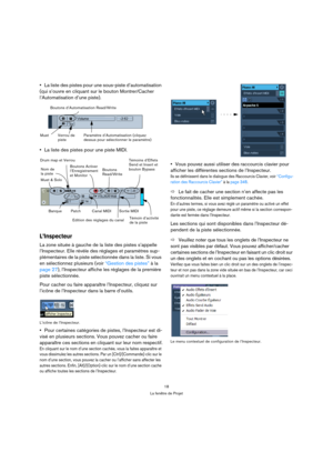 Page 1818
La fenêtre de Projet
La liste des pistes pour une sous-piste d’automatisation 
(qui s’ouvre en cliquant sur le bouton Montrer/Cacher 
l’Automatisation d’une piste).
La liste des pistes pour une piste MIDI.
L’Inspecteur
La zone située à gauche de la liste des pistes s’appelle 
l’Inspecteur. Elle révèle des réglages et paramètres sup-
plémentaires de la piste sélectionnée dans la liste. Si vous 
en sélectionnez plusieurs (voir “Gestion des pistes” à la 
page 27), l’Inspecteur affiche les réglages de la...