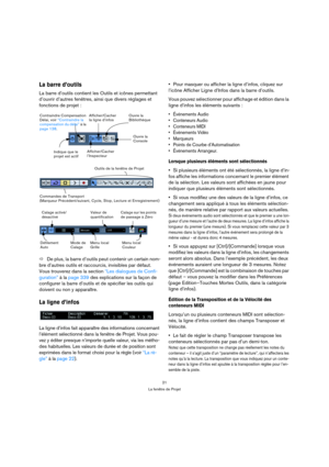 Page 2121
La fenêtre de Projet
La barre d’outils
La barre d’outils contient les Outils et icônes permettant 
d’ouvrir d’autres fenêtres, ainsi que divers réglages et 
fonctions de projet :
ÖDe plus, la barre d’outils peut contenir un certain nom-
bre d’autres outils et raccourcis, invisibles par défaut. 
Vous trouverez dans la section “Les dialogues de Confi-
guration” à la page 339 des explications sur la façon de 
configurer la barre d’outils et de spécifier les outils qui 
doivent ou non y apparaître.
La...