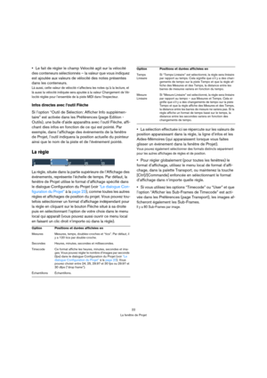 Page 2222
La fenêtre de Projet
Le fait de régler le champ Vélocité agit sur la vélocité 
des conteneurs sélectionnés – la valeur que vous indiquez 
est ajoutée aux valeurs de vélocité des notes présentes 
dans les conteneurs.
Là aussi, cette valeur de vélocité n’affectera les notes qu’à la lecture, et 
là aussi la vélocité indiquée sera ajoutée à la valeur Changement de Vé-
locité réglée pour l’ensemble de la piste MIDI dans l’Inspecteur.
Infos directes avec l’outil Flèche
Si l’option “Outil de Sélection:...