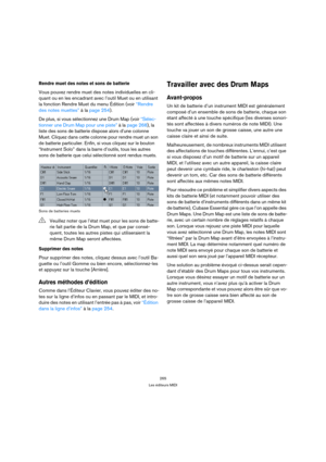 Page 265265
Les éditeurs MIDI
Rendre muet des notes et sons de batterie
Vous pouvez rendre muet des notes individuelles en cli-
quant ou en les encadrant avec l’outil Muet ou en utilisant 
la fonction Rendre Muet du menu Édition (voir “Rendre 
des notes muettes” à la page 254).
De plus, si vous sélectionnez une Drum Map (voir “Sélec-
tionner une Drum Map pour une piste” à la page 268), la 
liste des sons de batterie dispose alors d’une colonne 
Muet. Cliquez dans cette colonne pour rendre muet un son 
de...