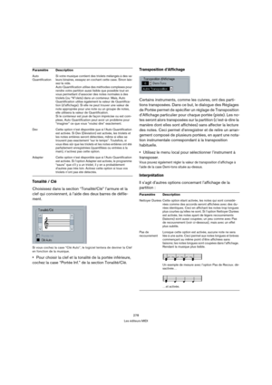 Page 278278
Les éditeurs MIDI
Tonalité / Clé
Choisissez dans la section “Tonalité/Clé” l’armure et la 
clef qui conviennent, à l’aide des deux barres de défile-
ment.
Si vous cochez la case “Clé Auto”, le logiciel tentera de deviner la Clef 
en fonction de la musique.
Pour choisir la clef et la tonalité de la portée inférieure, 
cochez la case “Portée Inf.” de la section Tonalité/Clé.
Transposition d’Affichage
Certains instruments, comme les cuivres, ont des parti-
tions transposées. Dans ce but, le dialogue des...