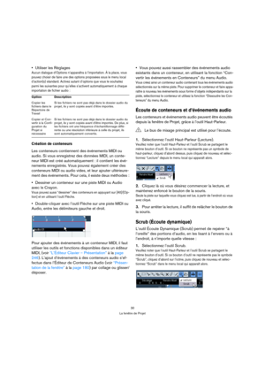 Page 3030
La fenêtre de Projet
Utiliser les Réglages
Aucun dialogue d’Options n’apparaîtra à l’importation. À la place, vous 
pouvez choisir de faire une des options proposées sous le menu local 
d’action(s) standard. Activez autant d’options que vous le souhaitez 
parmi les suivantes pour qu’elles s’activent automatiquement à chaque 
importation de fichier audio :
Création de conteneurs
Les conteneurs contiennent des événements MIDI ou 
audio. Si vous enregistrez des données MIDI, un conte-
neur MIDI est créé...