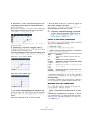 Page 291291
Travailler avec la piste Tempo
3.Cliquez sur la position temporelle désirée dans l’affi-
chage de la courbe de tempo, et maintenez enfoncé le 
bouton de la souris.
Si le “Calage” est activé dans la barre d’outils, c’est lui qui détermine à 
quelles positions temporelles vous pouvez insérer les points dans la 
courbe de tempo – voir “Calage” à la page 293.
Lorsque vous cliquez, l’affichage du tempo dans la barre d’outils indi-
que la valeur du tempo.
4.Faites glisser le point de la courbe à la valeur...