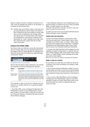 Page 322322
Vidéo
Après la création du fichier, la fenêtre se referme et le fi-
chier cache de vignettes sera utilisé en cas de besoin ; si 
la charge de calcul devient forte.
Lecture d’un fichier vidéo
Les fichiers vidéo sont affichés comme des événements/
clips sur la piste vidéo, avec des vignettes représentant 
les images du film (si l’option Montrer les Vignettes de la 
Vidéo est activée dans les Préférences, page Affichage 
d’événement–Vidéo).
Un événement vidéo sur une piste Vidéo.
Dans la liste des...