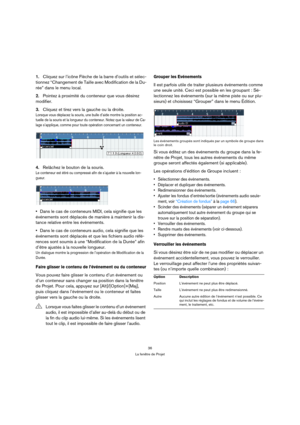 Page 3636
La fenêtre de Projet
1.Cliquez sur l’icône Flèche de la barre d’outils et sélec-
tionnez “Changement de Taille avec Modification de la Du-
rée” dans le menu local.
2.Pointez à proximité du conteneur que vous désirez 
modifier.
3.Cliquez et tirez vers la gauche ou la droite.
Lorsque vous déplacez la souris, une bulle d’aide montre la position ac-
tuelle de la souris et la longueur du conteneur. Notez que la valeur de Ca-
lage s’applique, comme pour toute opération concernant un conteneur.
4.Relâchez le...