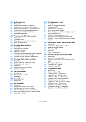 Page 55
Table des Matières
140Automatisation
141Présentation
142Qu’est-ce qui peut être automatisé ?
142Opérations sur les pistes d’automatisation
145Utiliser les boutons Écrire/Lire l’automatisation
147Travailler avec les courbes d’automatisation
150Trucs, astuces et méthodes de base
150Options et paramètres
151Traitements et fonctions audio
152Présentation
152Traitement audio
157Historique des Traitements Hors Ligne
158Geler les Modifications
160L’éditeur d’échantillons
161Présentation
162Description de la...