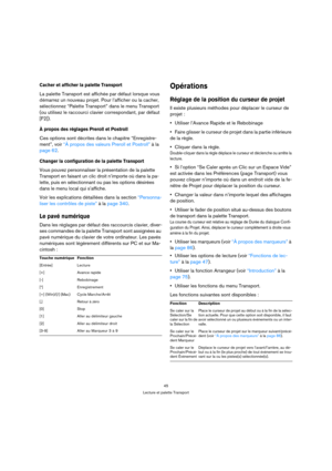 Page 4545
Lecture et palette Transport
Cacher et afficher la palette Transport
La palette Transport est affichée par défaut lorsque vous 
démarrez un nouveau projet. Pour l’afficher ou la cacher, 
sélectionnez “Palette Transport” dans le menu Transport 
(ou utilisez le raccourci clavier correspondant, par défaut 
[F2]).
À propos des réglages Preroll et Postroll
Ces options sont décrites dans le chapitre “Enregistre-
ment”, voir “À propos des valeurs Preroll et Postroll” à la 
page 62.
Changer la configuration...