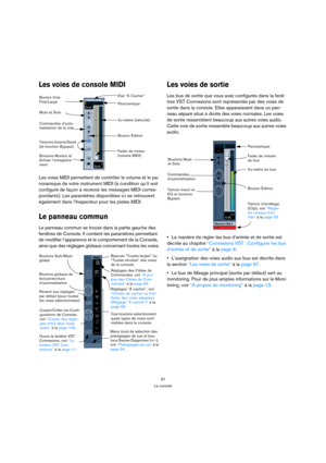 Page 9797
La console
Les voies de console MIDI
Les voies MIDI permettent de contrôler le volume et le pa-
noramique de votre instrument MIDI (à condition qu’il soit 
configuré de façon à recevoir les messages MIDI corres-
pondants). Les paramètres disponibles ici se retrouvent 
également dans l’Inspecteur pour les pistes MIDI.
Le panneau commun
Le panneau commun se trouve dans la partie gauche des 
fenêtres de Console. Il contient les paramètres permettant 
de modifier l’apparence et le comportement de la...