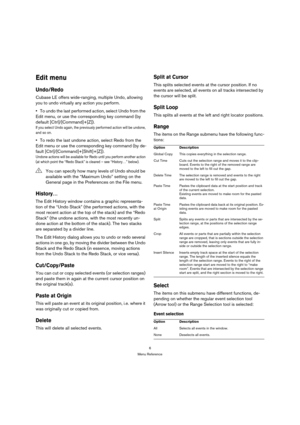 Page 66
Menu Reference
Edit menu
Undo/Redo
Cubase LE offers wide-ranging, multiple Undo, allowing 
you to undo virtually any action you perform.
To undo the last performed action, select Undo from the 
Edit menu, or use the corresponding key command (by 
default [Ctrl]/[Command]+[Z]).
If you select Undo again, the previously performed action will be undone, 
and so on.
To redo the last undone action, select Redo from the 
Edit menu or use the corresponding key command (by de-
fault...