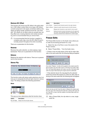 Page 105105
Audio processing and functions
Remove DC Offset
This function will remove any DC offset in the audio selec-
tion. A DC offset is when there is too large a DC (direct 
current) component in the signal, sometimes visible as the 
signal not being visually centered around the “zero level 
axis”. DC offsets do not affect what you actually hear, but 
they affect zero crossing detection and certain process-
ing, and it is recommended that you remove them.
There are no parameters for this function.
Reverse...