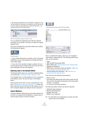 Page 137137
The Pool
By clicking somewhere in the waveform image for a clip.
The clip will play from the position in the waveform you click until the end 
of the clip, unless you stop playback by clicking the Play button, or by 
clicking anywhere else in the pool window.
Click in the waveform image to audition a clip.
You can adjust the auditioning level with the miniature 
level fader on the toolbar. This does not affect the regular 
playback level.
If you have activated the Loop button before you audition,...