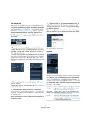 Page 1717
The Project window
The Inspector
The area to the left of the Track list is called the Inspector. 
This shows additional controls and parameters for the track 
you have selected in the Track list. If several tracks are se-
lected (see “Handling tracks” on page 25), the Inspector 
shows the setting for the first (topmost) selected track.
To hide or show the Inspector, click the Inspector icon in 
the toolbar.
The Inspector icon.
For most track classes, the Inspector is divided into a 
number of...
