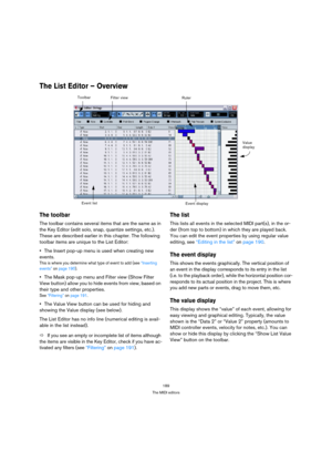 Page 189189
The MIDI editors
The List Editor – Overview
The toolbar
The toolbar contains several items that are the same as in 
the Key Editor (edit solo, snap, quantize settings, etc.). 
These are described earlier in this chapter. The following 
toolbar items are unique to the List Editor:
The Insert pop-up menu is used when creating new 
events.
This is where you determine what type of event to add (see “Inserting 
events” on page 190).
The Mask pop-up menu and Filter view (Show Filter 
View button) allow you...