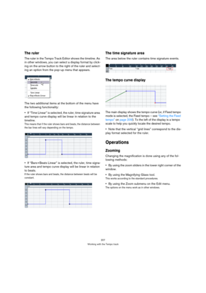 Page 207207
Working with the Tempo track
The ruler
The ruler in the Tempo Track Editor shows the timeline. As 
in other windows, you can select a display format by click-
ing on the arrow button to the right of the ruler and select-
ing an option from the pop-up menu that appears.
The two additional items at the bottom of the menu have 
the following functionality:
If “Time Linear” is selected, the ruler, time signature area 
and tempo curve display will be linear in relation to the 
timeline.
This means that if...