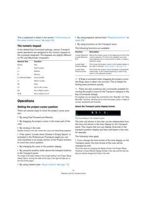 Page 4141
Playback and the Transport panel
This is explained in detail in the section “Customizing via 
the setup context menus” on page 244.
The numeric keypad
In the default Key Command settings, various Transport 
panel operations are assigned to the numeric keypad on 
the computer keyboard. The keypads are slightly different 
on PC and Macintosh computers:
Operations
Setting the project cursor position
There are several ways to move the project cursor posi-
tion:
By using Fast Forward and Rewind.
By...