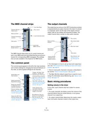 Page 8080
The mixer
The MIDI channel strips
The MIDI channel strips allow you to control volume and 
pan in your MIDI instrument (provided that they are set up to 
receive the corresponding MIDI messages). The settings 
here are also available in the Inspector for MIDI tracks.
The common panel
The common panel appears to the left in the mixer windows 
and contains settings for changing the look and behavior of 
the mixer, as well as global settings for all channels.
The output channels
The output bus you set up...