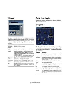 Page 3232
The included effect plug-ins
Chopper
Chopper is a combined tremolo and autopan effect. It can 
use different waveforms to modulate the level (tremolo) or 
left-right stereo position (pan), either using tempo sync or 
manual modulation speed settings. The parameters are as 
follows: 
Restoration plug-ins
This section contains descriptions of the plug-ins in the 
“Restoration” category.
Grungelizer
The Grungelizer adds noise and static to your recordings 
– kind of like listening to a radio with bad...