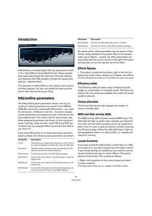 Page 3434
HALionOne
Introduction
HALionOne is a sample player that can play sound content 
in the *.hsb (HALion Sound Bank) format. These samples 
have associated preset files that store the panel settings 
and reference the HSB samples. Included are several pre-
sets (as *.vstpreset files).
The operation of HALionOne is very simple; load a preset 
and start playing! You also can tweak the basic parame-
ters to tailor the sound to your liking.
HALionOne parameters
The HALionOne panel parameters shown can vary...