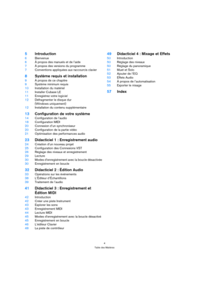 Page 44
Table des Matières
5Introduction
6Bienvenue
6À propos des manuels et de l’aide
7À propos des versions du programme
7Conventions appliquées aux raccourcis clavier
8Système requis et installation
9À propos de ce chapitre
9Système minimum requis
10Installation du matériel
11Installer Cubase LE
11Enregistrez votre logiciel
12Défragmenter le disque dur
(Windows uniquement)
12Installation du contenu supplémentaire
13Configuration de votre système
14Configuration de l’audio
18Configuration MIDI
20Connexion...