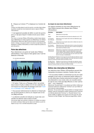 Page 120120
L’Éditeur d’Échantillons
3.Cliquez sur le fanion “P” et déplacez-le à l’endroit dé-
siré.
Lorsque vous faites glisser le point de synchro, une bulle d’aide indique 
sa position actuelle (au format sélectionné dans la règle de l’Éditeur 
d’Échantillons).
Il est également possible de définir un point de synchro 
pour un clip (pour lequel il n’existe encore aucun événe-
ment).
Pour ouvrir un clip dans l’Éditeur d’Échantillons, double-cliquez dessus 
dans la Bibliothèque (ou faites-le glisser de la...