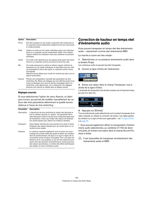 Page 132132
Traitement en temps réel Audio Warp
Réglages avancés 
Si vous sélectionnez l’option de menu Avancé, un dialo-
gue s’ouvre, qui permet de modifier manuellement les va-
leurs des trois paramètres déterminant la qualité sonore 
obtenue à l’issue du time stretching :
Correction de hauteur en temps réel 
d’événements audio
Vous pouvez transposer en temps réel des événements 
audio – exactement comme des événements MIDI. 
La marche à suivre est très simple :
1.Sélectionnez un ou plusieurs événements audio...