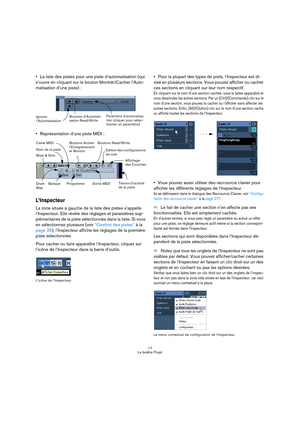 Page 1717
La fenêtre Projet
La liste des pistes pour une piste d’automatisation (qui 
s’ouvre en cliquant sur le bouton Montrer/Cacher l’Auto-
matisation d’une piste) :
Représentation d’une piste MIDI :
L’Inspecteur
La zone située à gauche de la liste des pistes s’appelle 
l’Inspecteur. Elle révèle des réglages et paramètres sup-
plémentaires de la piste sélectionnée dans la liste. Si vous 
en sélectionnez plusieurs (voir “Gestion des pistes” à la 
page 26), l’Inspecteur affiche les réglages de la première...