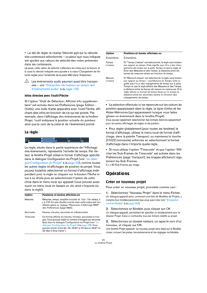 Page 2121
La fenêtre Projet
Le fait de régler le champ Vélocité agit sur la vélocité 
des conteneurs sélectionnés – la valeur que vous indiquez 
est ajoutée aux valeurs de vélocité des notes présentes 
dans les conteneurs.
Là aussi, cette valeur de vélocité n’affectera les notes qu’à la lecture, et 
là aussi la vélocité indiquée sera ajoutée à la valeur Changement de Vé-
locité réglée pour l’ensemble de la piste MIDI dans l’Inspecteur.
Infos directes avec l’outil Flèche
Si l’option “Outil de Sélection: Afficher...