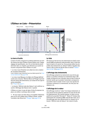 Page 209209
Les éditeurs MIDI
L’Éditeur en Liste – Présentation
La barre d’outils
La barre d’outils comporte de nombreux éléments qui sont 
les mêmes que dans l’Éditeur Clavier (édition solo, calage, 
réglage de quantification, etc.). Ils ont été décrits précé-
demment dans ce chapitre. Les éléments qui suivent se 
trouvent uniquement dans l’Éditeur en Liste :
Le menu local d’Insertion est utilisé lors de la création 
de nouveaux événements.
Il sert à indiquer le type d’événement que vous désirez ajouter (voir...