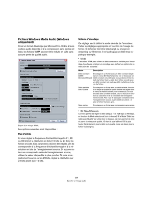 Page 236236
Exporter un mixage audio
Fichiers Windows Media Audio (Windows 
uniquement)
C’est un format développé par Microsoft Inc. Grâce à leurs 
codecs audio élaborés et à la compression sans pertes uti-
lisée, les fichiers WMA peuvent être réduits en taille sans 
aucune perte de qualité audio.
Export d’un mixage WMA.
Les options suivantes sont disponibles :
Flux d’entrée
Ici vous réglez la fréquence d’échantillonnage (44.1, 48 
ou 96 khz) et la résolution en bits (16 bits ou 24 bits) du 
fichier encodé. Ces...