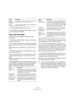 Page 268268
Gestion des fichiers
ÖLe fichier MIDI contiendra la piste Tempo.
ÖLes réglages de l’Inspecteur pour les pistes ne seront 
pas inclus dans le fichier MIDI ! 
Importer des fichiers MIDI
Pour importer un fichier MIDI d’un disque, procédez 
comme ceci :
1.Sélectionnez “Fichier MIDI…” dans le sous-menu Im-
porter du menu Fichier.
2.S’il y a déjà un projet ouvert, un dialogue s’ouvre dans 
lequel vous pouvez choisir de créer un nouveau projet ou 
pas.
Si vous répondez “Non”, le fichier MIDI sera importé...